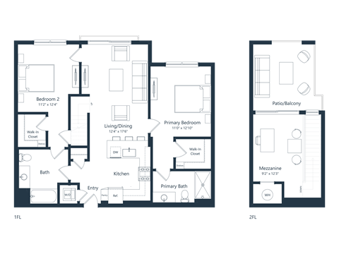 Floor plan for 2 beds, 2 baths, 1319 sqft